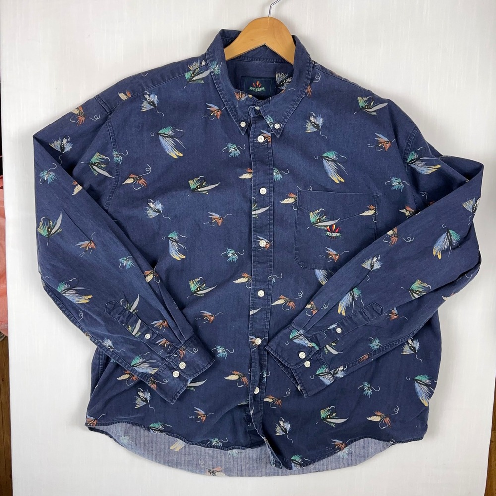 Ivy Crew Mens XXL Blue Cotton Fishing Fly Print Long Sleeve Button Down Shirt
